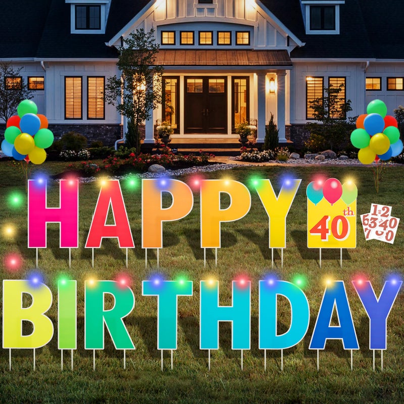 ComboJoy Happy Birthday Yard Sign with Stakes  Customizable Age Birthday Sign with 32.8 ft Colorful LED Lights  20 Number Stickers & 20 Balloons  Versatile Indoor/Outdoor Decorations for Parties  Lawn & Garden - Image 1